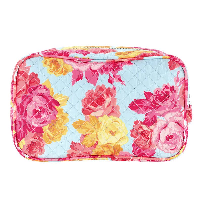Quilted Cosmetic Bag - Blue + Rose Floral