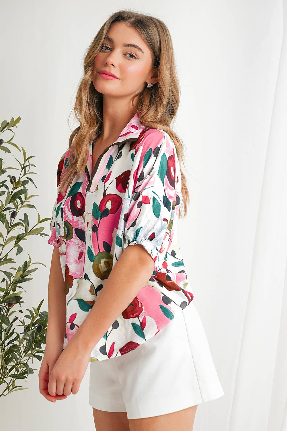 Floral Print Slit V Neck Blouse | S-XL