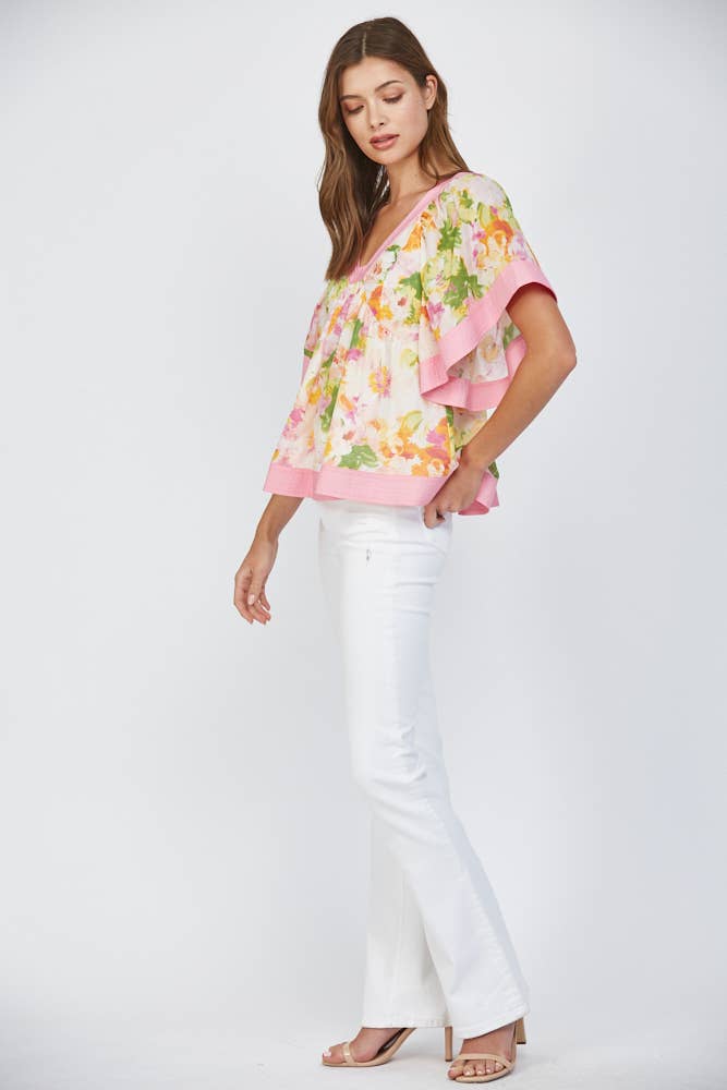 CONTRAST TOP STITCH DETAIL BABYDOLL TOP FT25422