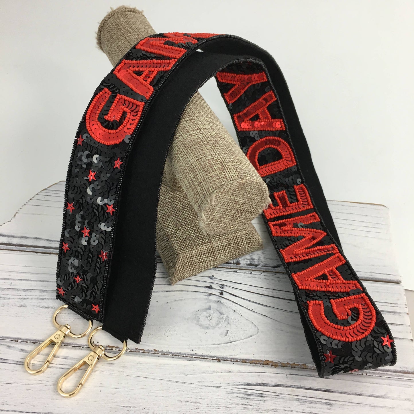 Red and black sequin GAMEDAY purse strap