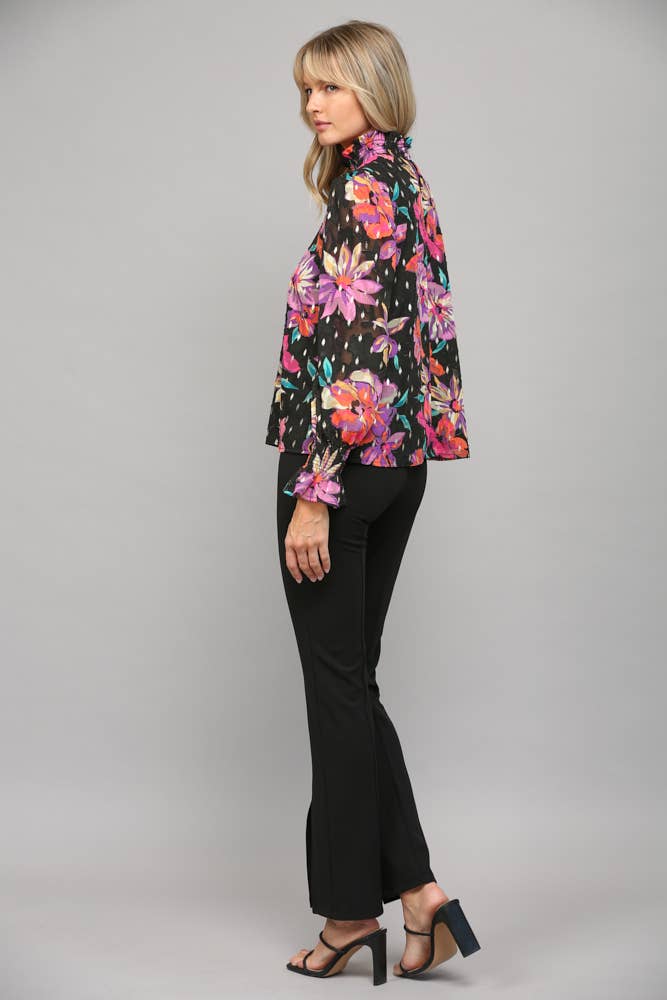 FLORAL PRINT WITH FOIL SMOCKED HIGH NECK BLOUSE FT23040