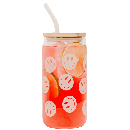 Smiley 17 oz Can Glass w/ Straw and Lid