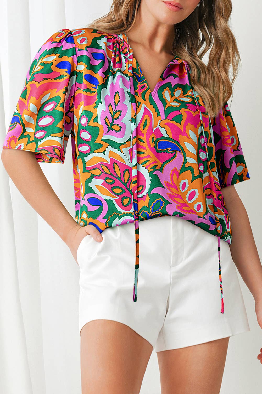 Tropical Print Tie Neck  Puff  Sleeve Blouse | S-XL