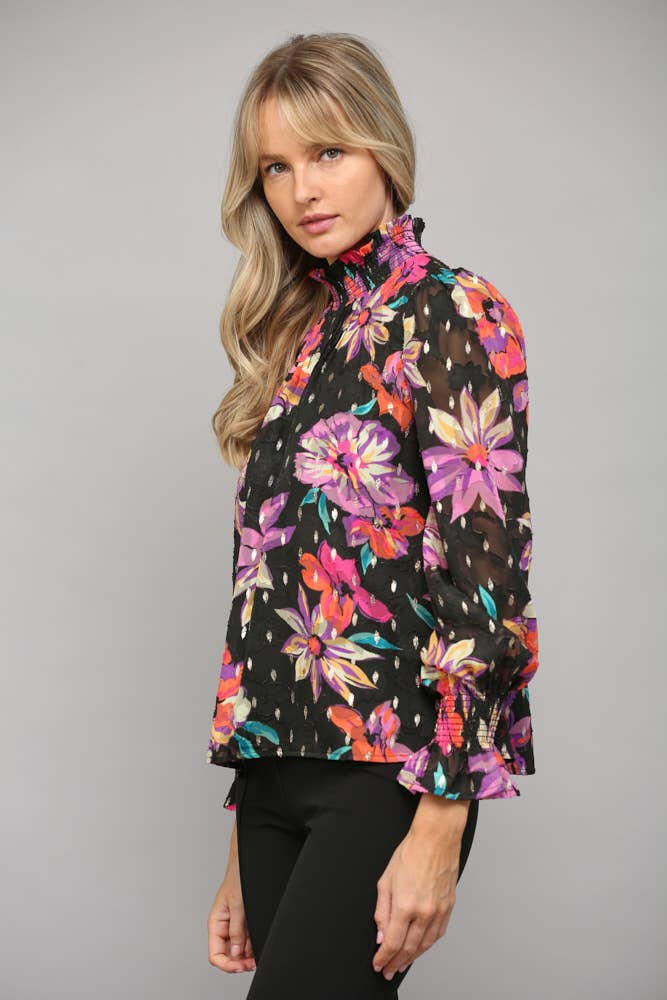 FLORAL PRINT WITH FOIL SMOCKED HIGH NECK BLOUSE FT23040