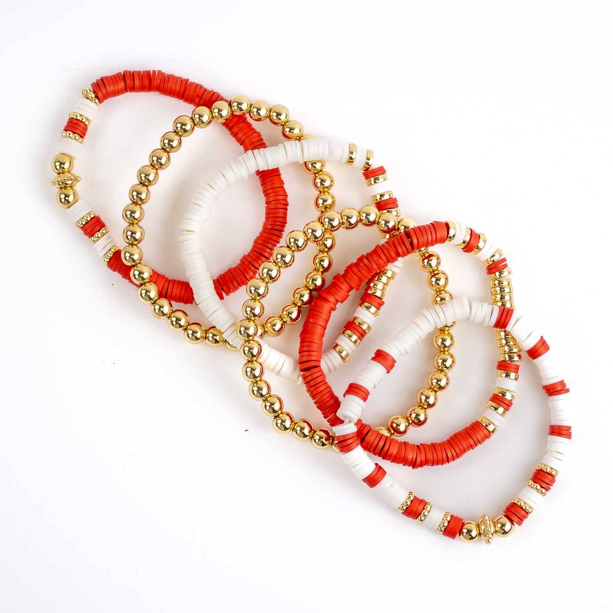 Clay Bead Bracelet Stack   Red/White/Gold   7"