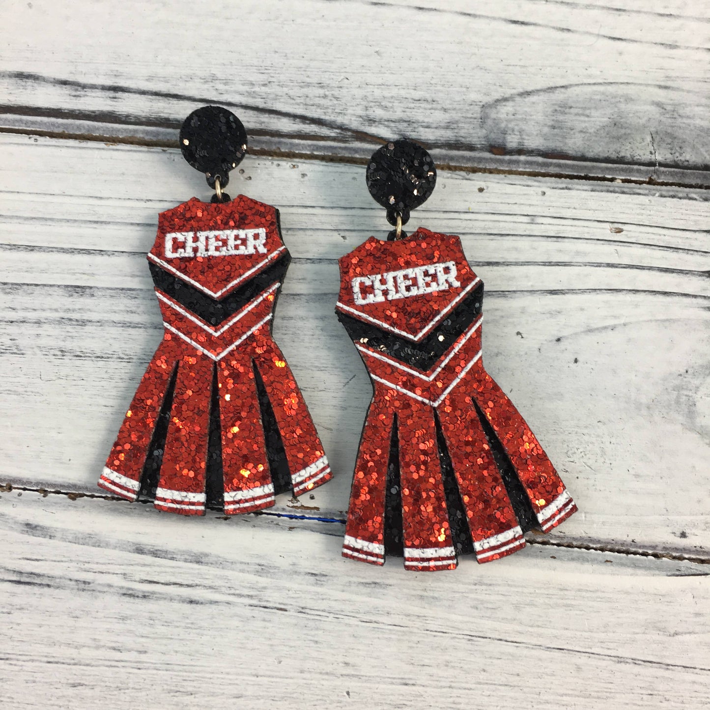 Red and black glitter cheerleader outfit earrings