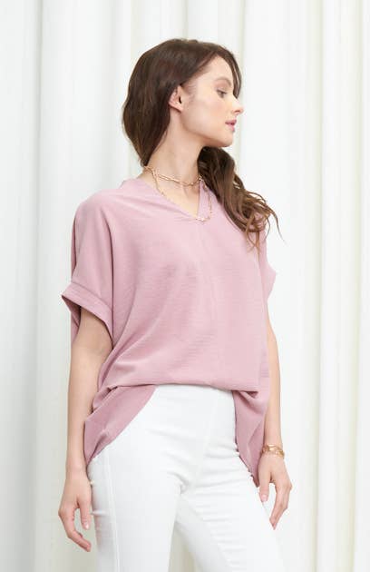 NKT6078B - SOLID DOLMAN SLEEVE V-NECK TOP