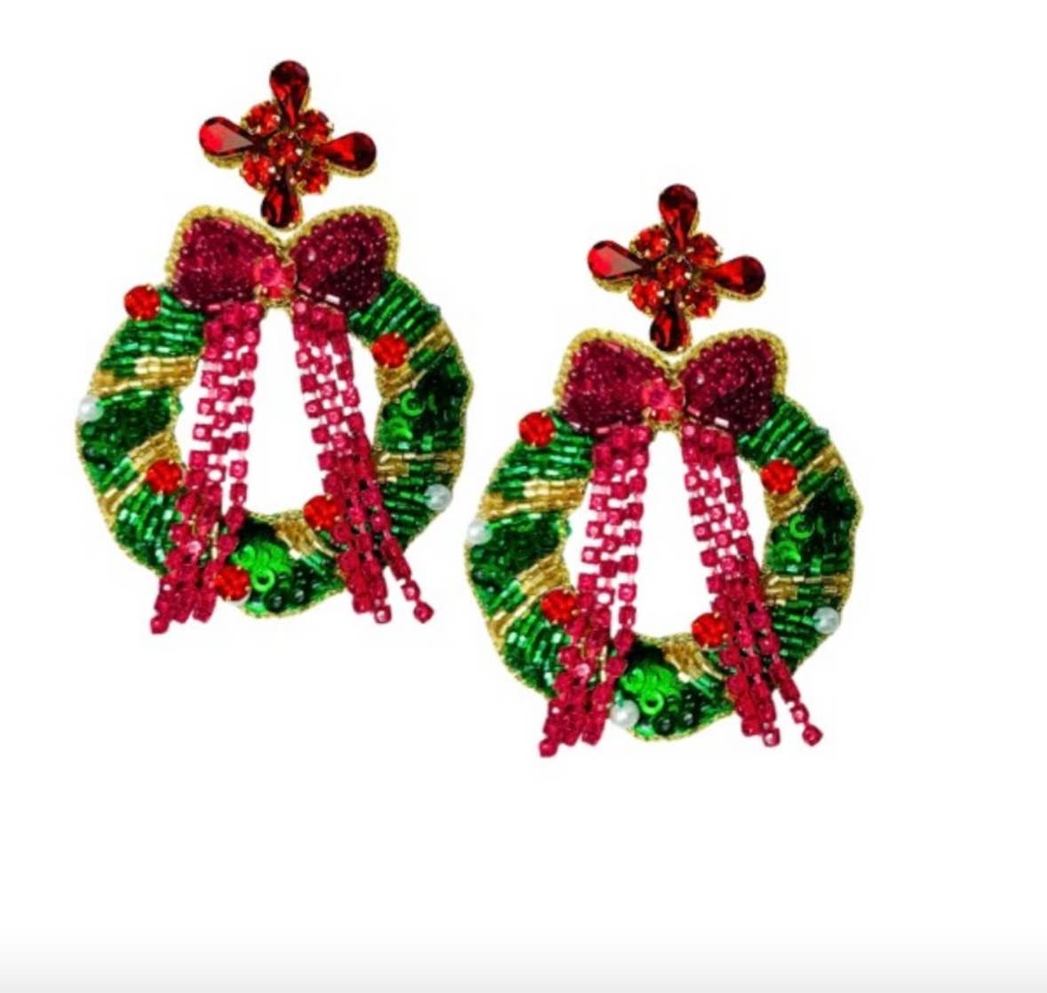 Christmas Wreath with Bow Earrings - Red
