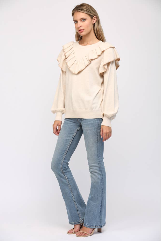 CONTRAST STICHED RUFFLE DETAIL BALLON SLV SWEATER FW12053