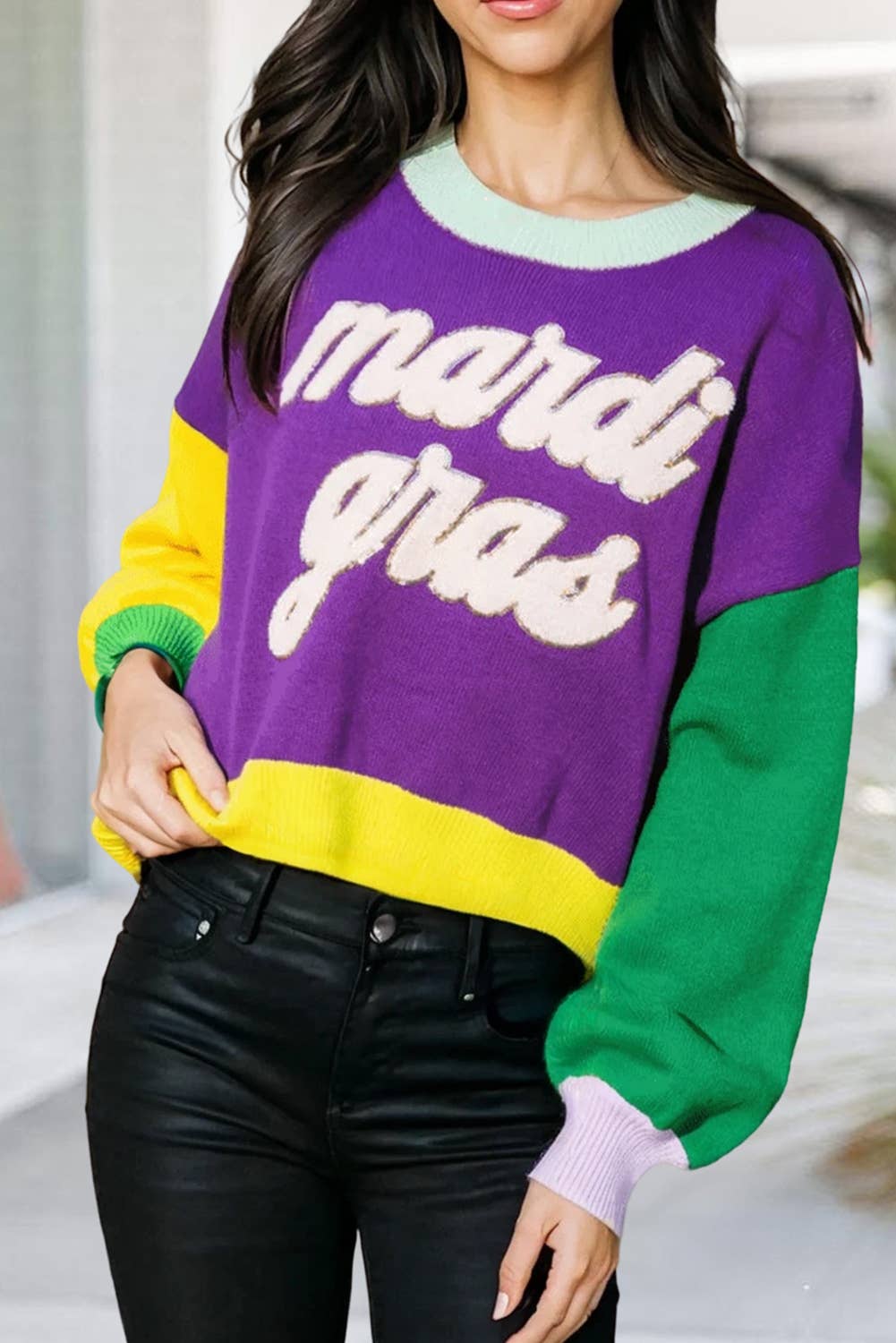 Colorblock Long Sleeve Fuzzy Mardi Gras Sweater | S-XL