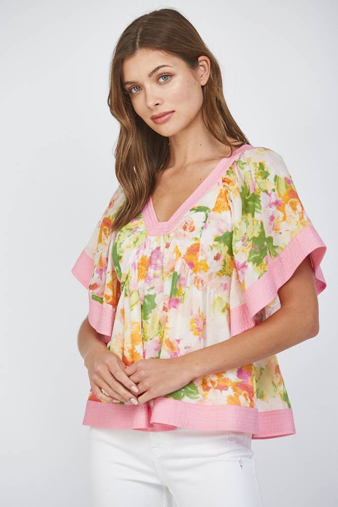 CONTRAST TOP STITCH DETAIL BABYDOLL TOP FT25422