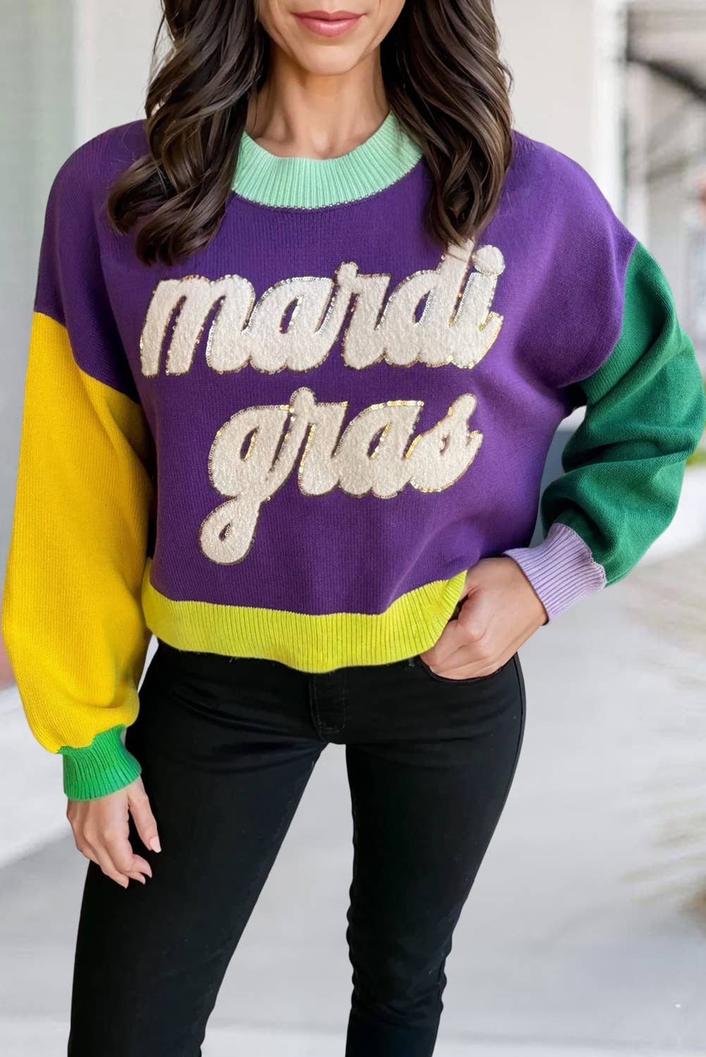 Colorblock Long Sleeve Fuzzy Mardi Gras Sweater | S-XL