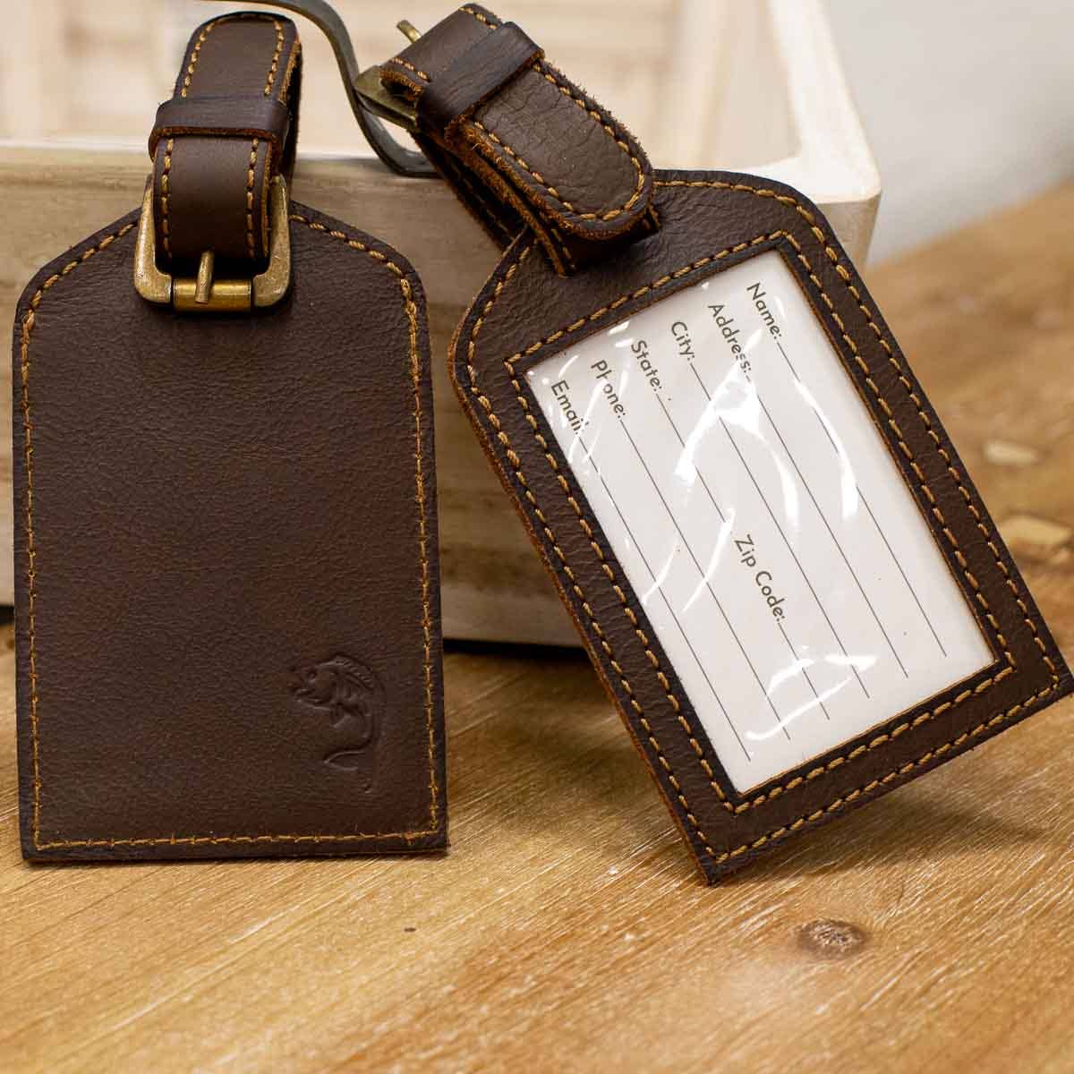 Fish Leather Embossed Luggage Tag   Dark Brown   3x4.75