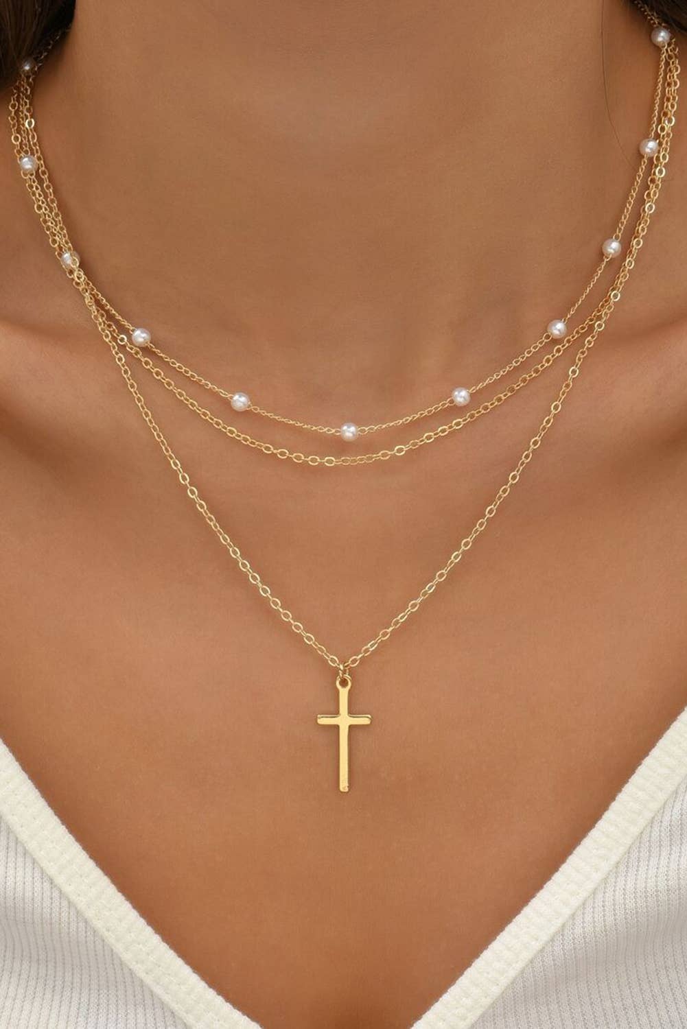 LDC Plated Pendant Pearl Decor Triple Layer Chain Necklace