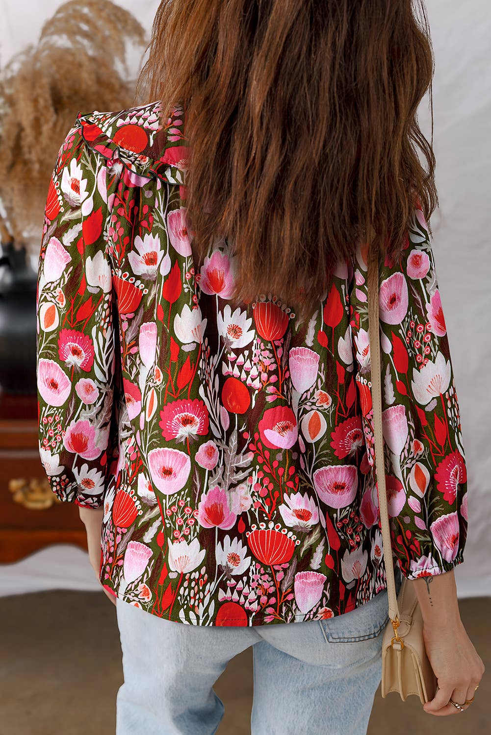 Floral 3/4 Sleeve Tie Neck Blouse | S-XL