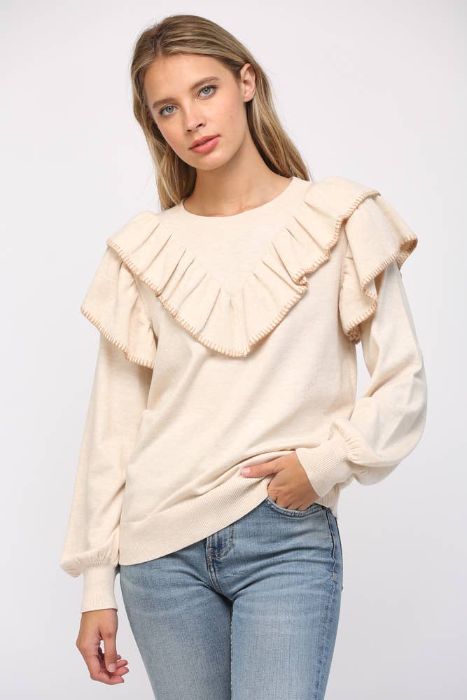 CONTRAST STICHED RUFFLE DETAIL BALLON SLV SWEATER FW12053