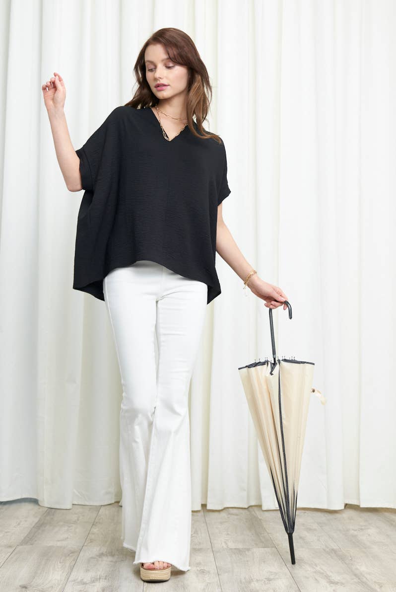 NKT6078B - SOLID DOLMAN SLEEVE V-NECK TOP