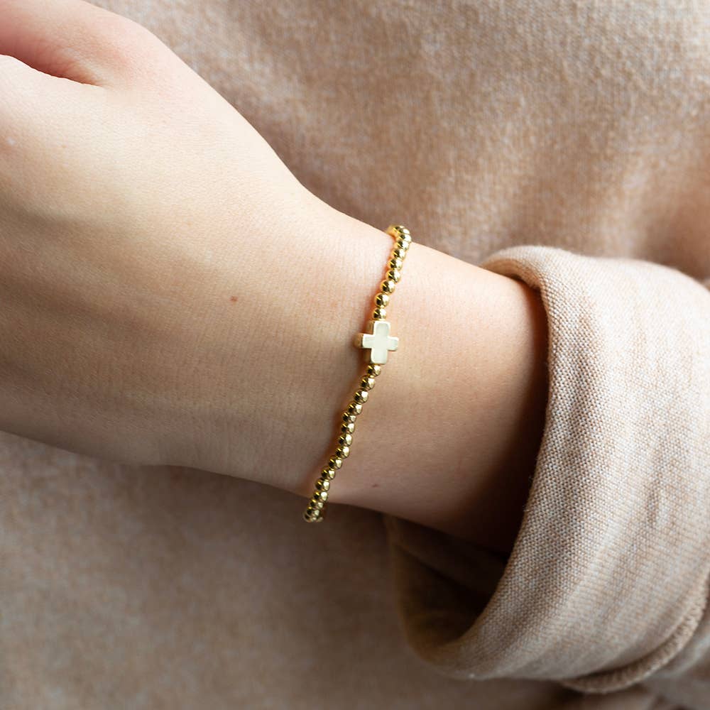 Faith Over Fear Cross Bracelet, 4mm -Gold Beaded | Christian