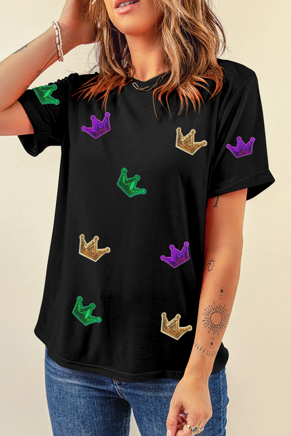 Mardi Gras Crowns Sequin Patch Graphic T Shirt | S-3XL