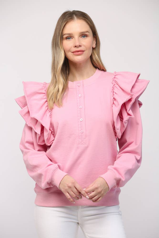 RUFFLE SHOULDER DETAIL WASHED SWEATSHIRT FT21013