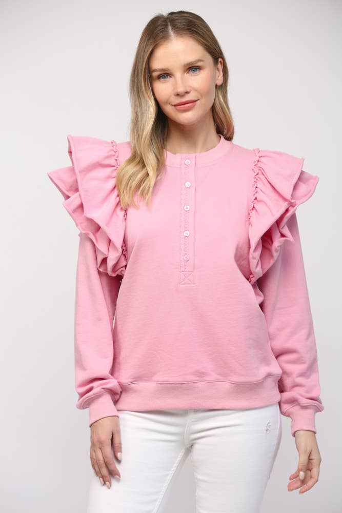 RUFFLE SHOULDER DETAIL WASHED SWEATSHIRT FT21013