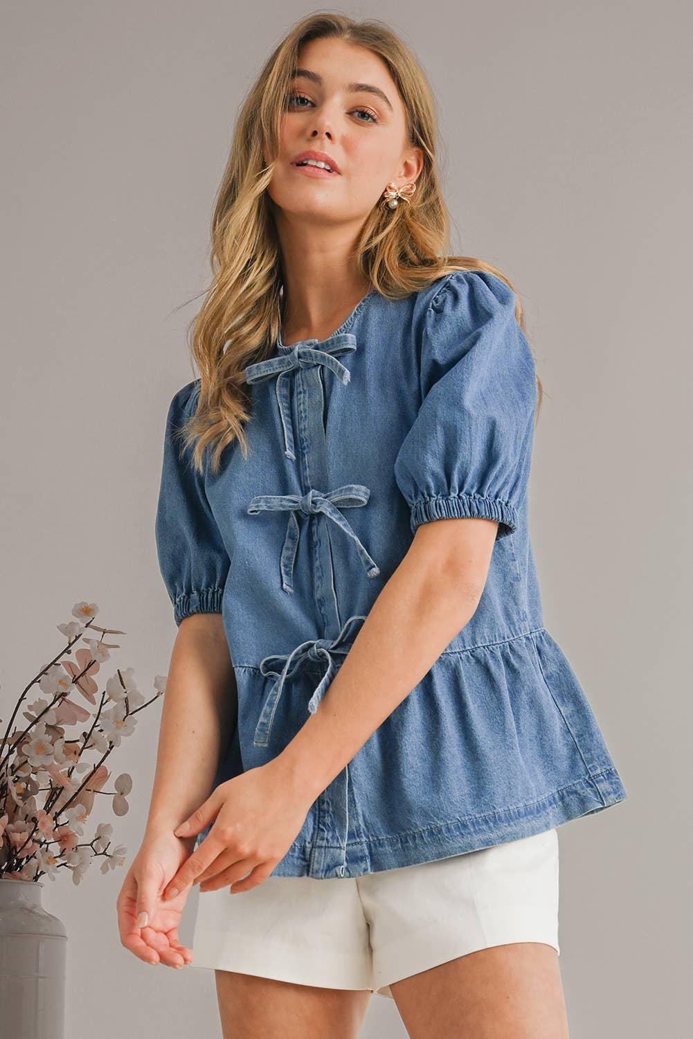 Cute Tied Trim Puff Sleeve Denim Shirt | S-XL