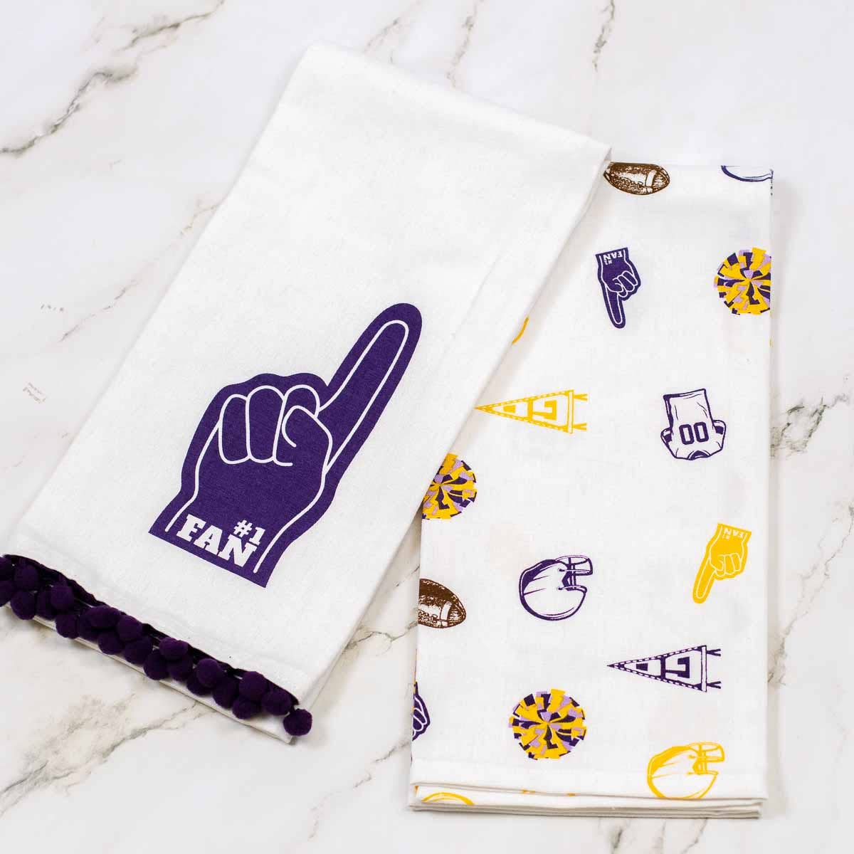 Football Fan Hand Towels   White/Purple/Gold   20x28   Set of 2