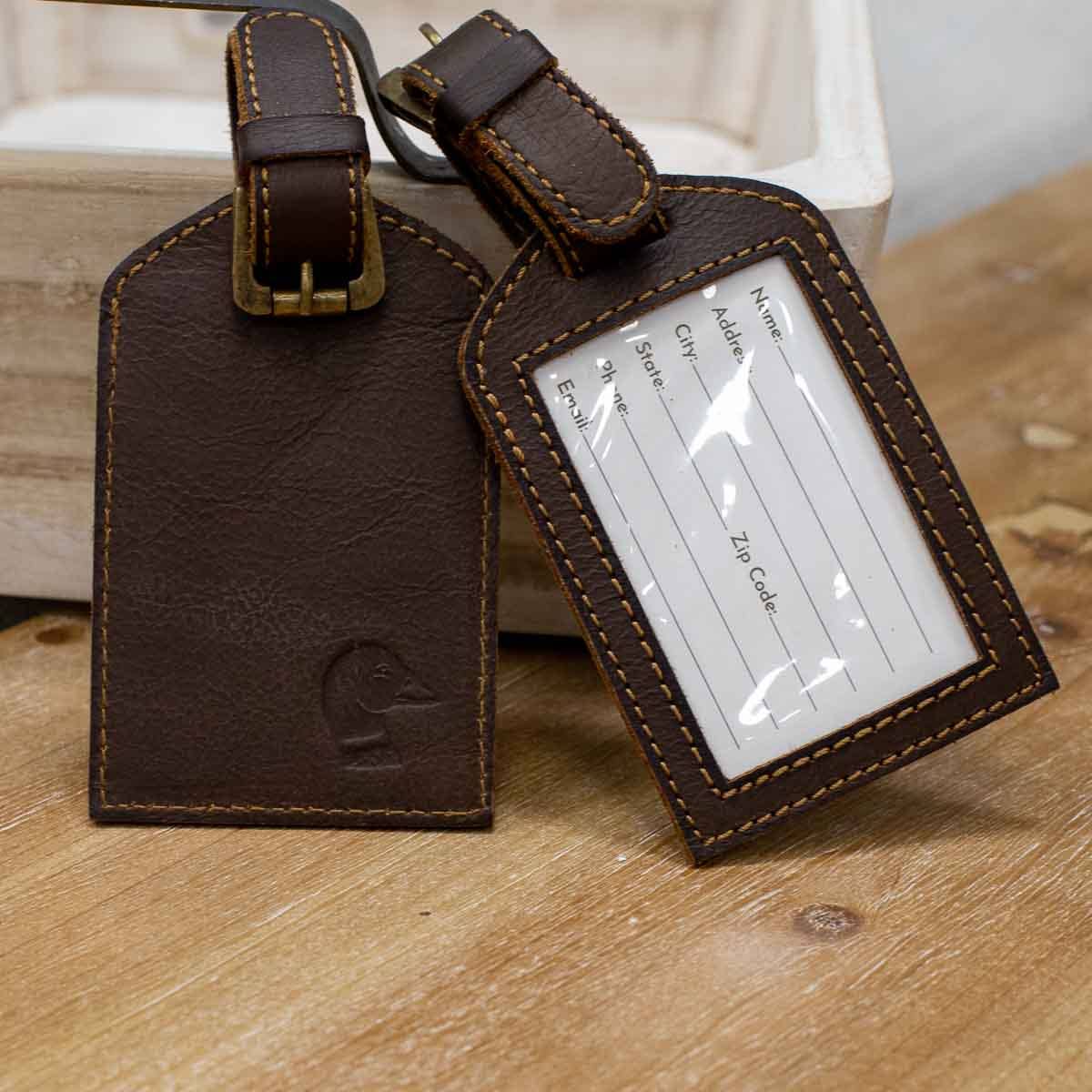 Duck Leather Embossed Luggage Tag   Dark Brown   3x4.75