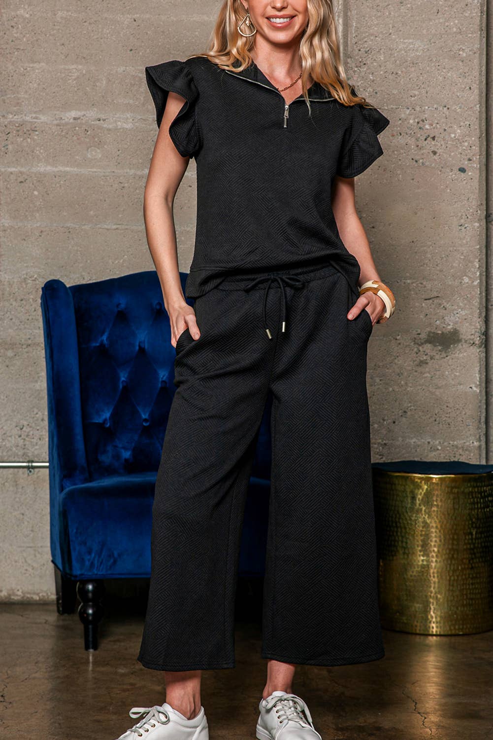 Black Textured Flutter Sleeve Top Wide Leg Pants Set | S-XL