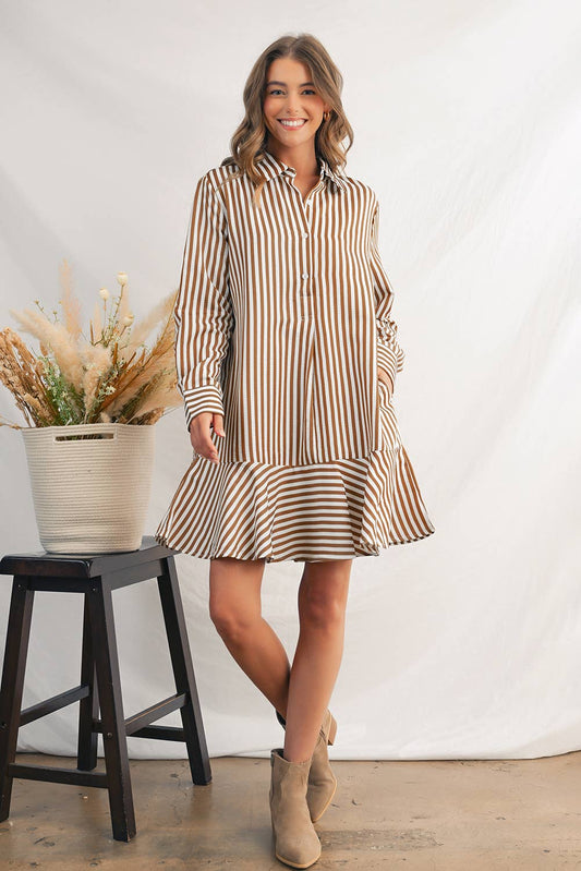 Stripe Ruffled Collared Long Sleeve Shirt Mini Dress | S-XL