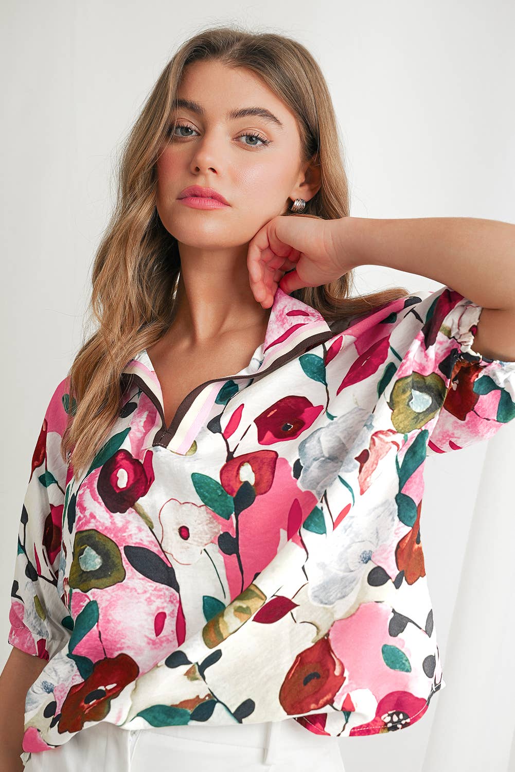 Floral Print Slit V Neck Blouse | S-XL
