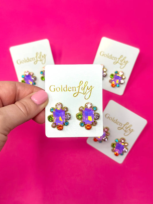 Statement Stud Earrings - Iridescent Purple w/ Multi Stones