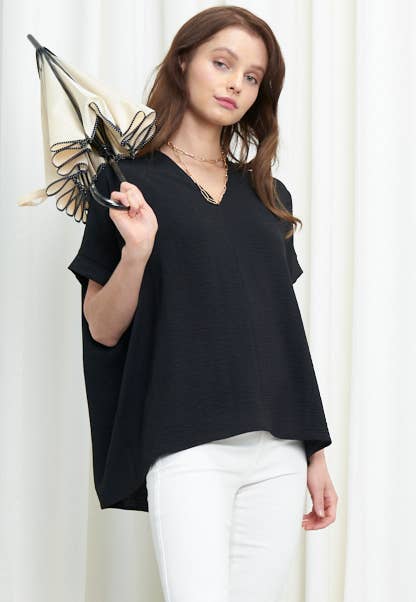 NKT6078B - SOLID DOLMAN SLEEVE V-NECK TOP