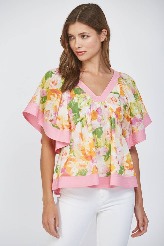 CONTRAST TOP STITCH DETAIL BABYDOLL TOP FT25422