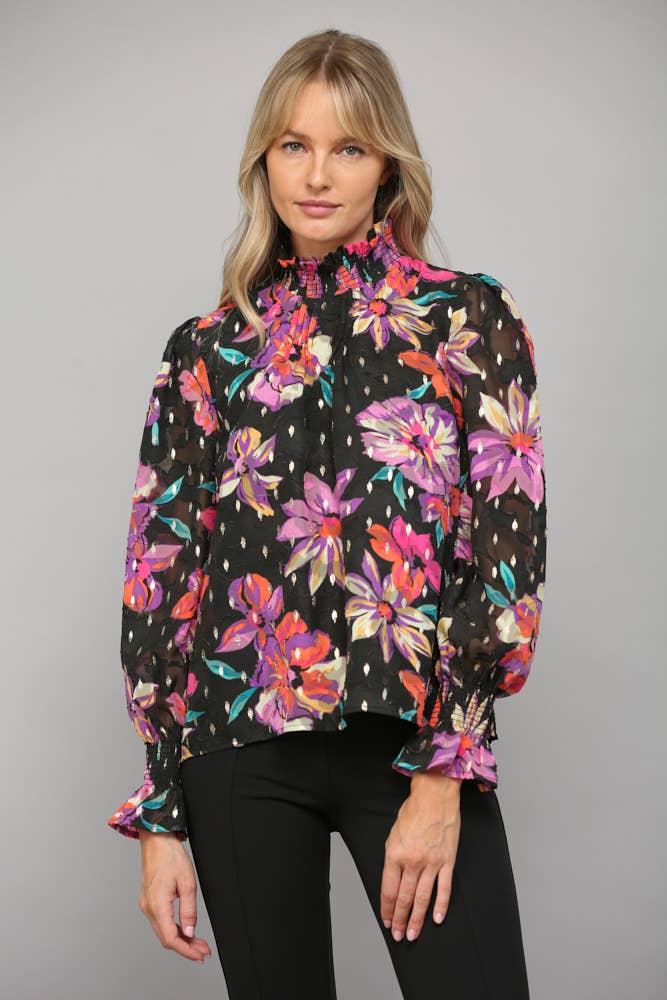 FLORAL PRINT WITH FOIL SMOCKED HIGH NECK BLOUSE FT23040