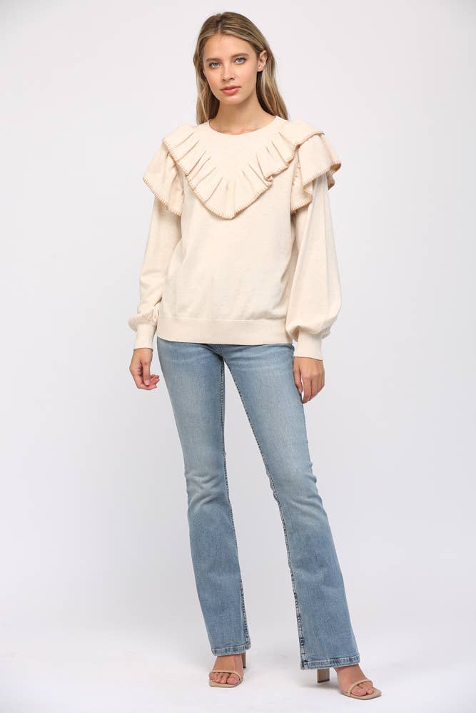 CONTRAST STICHED RUFFLE DETAIL BALLON SLV SWEATER FW12053