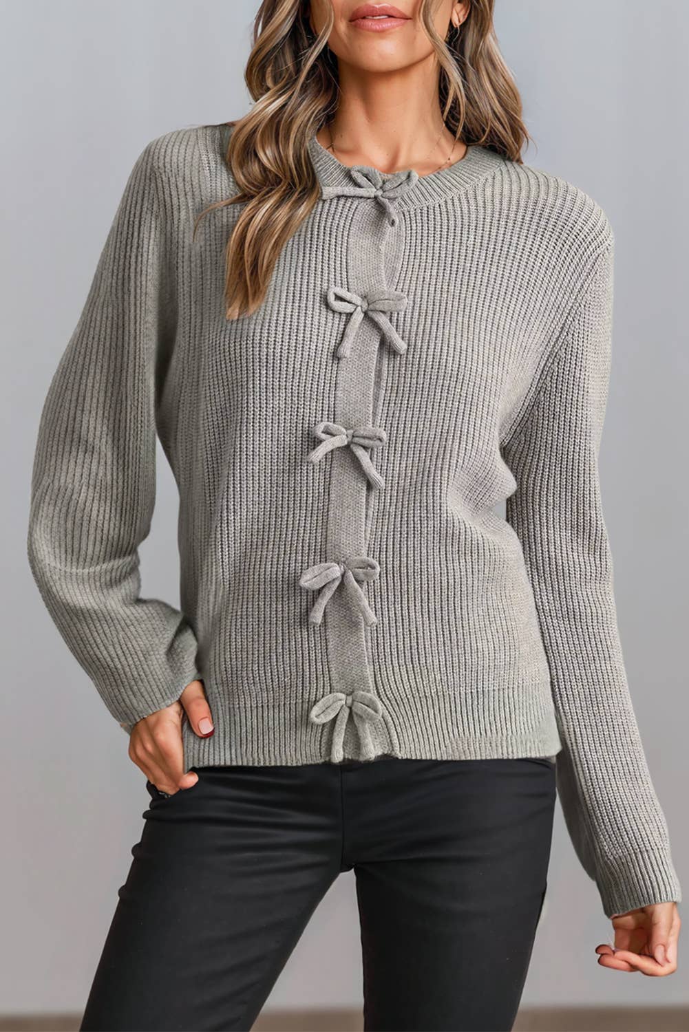 Ribbed Knit Bow Front Buttoned Cardigan | S-XL