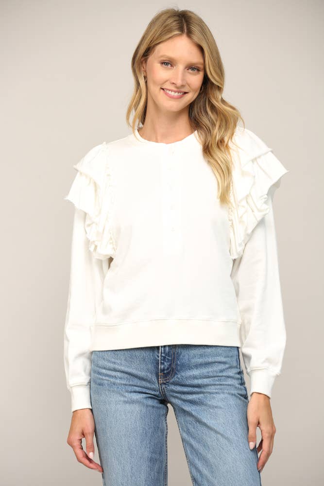 RUFFLE SHOULDER DETAIL WASHED SWEATSHIRT FT21013