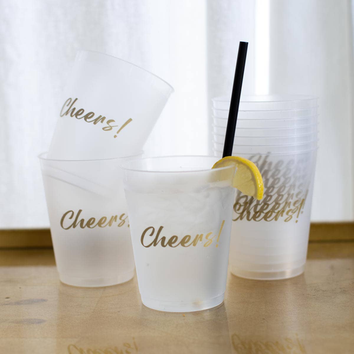 Cheers Party Cups   Frosted/Gold   16oz   Set of 10
