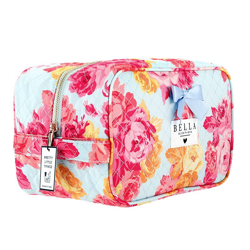 Quilted Cosmetic Bag - Blue + Rose Floral