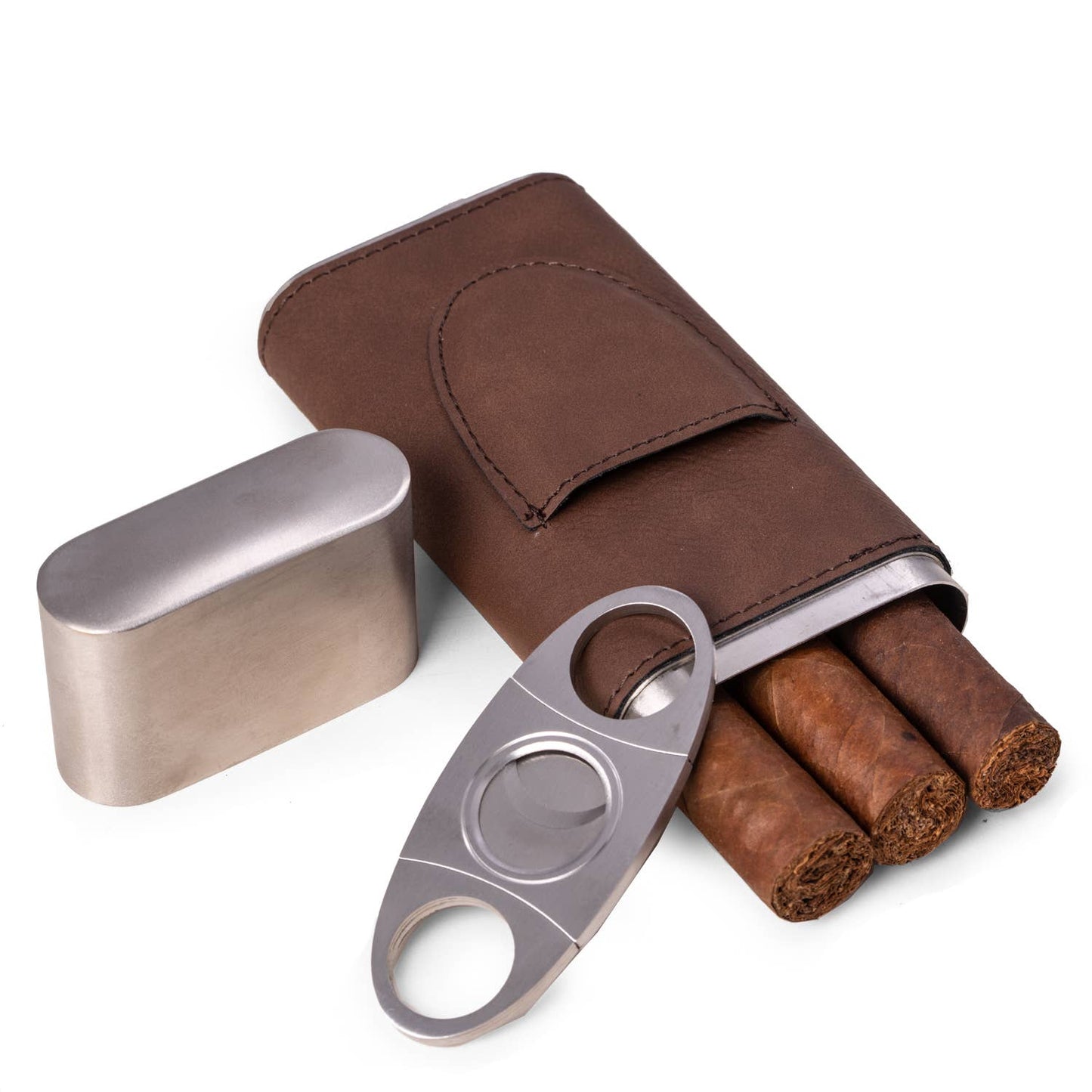 Harrison Leather and Steel Cigar Case with Cutter