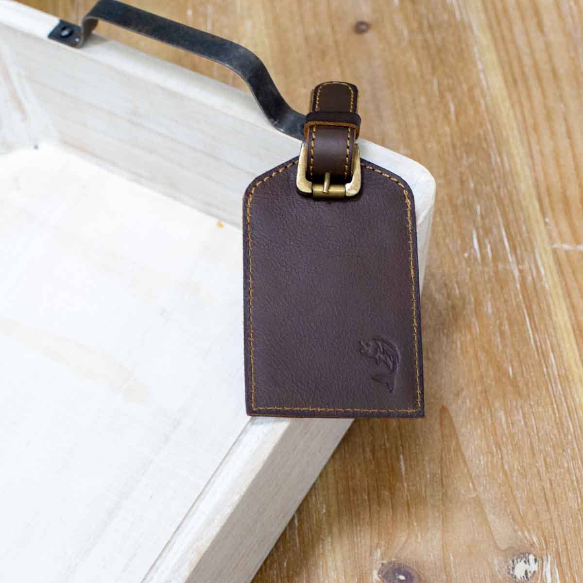 Fish Leather Embossed Luggage Tag   Dark Brown   3x4.75