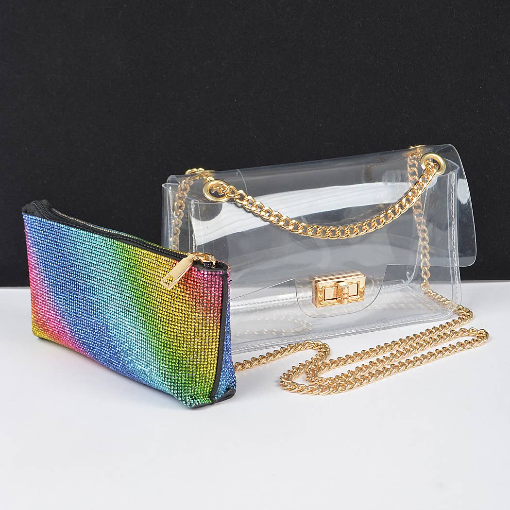 Transparent Crossbody Bag W/Rhinestone Clutch