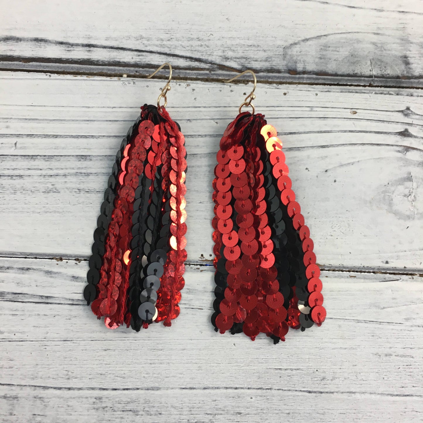 Red and black sequin tassel earrings 