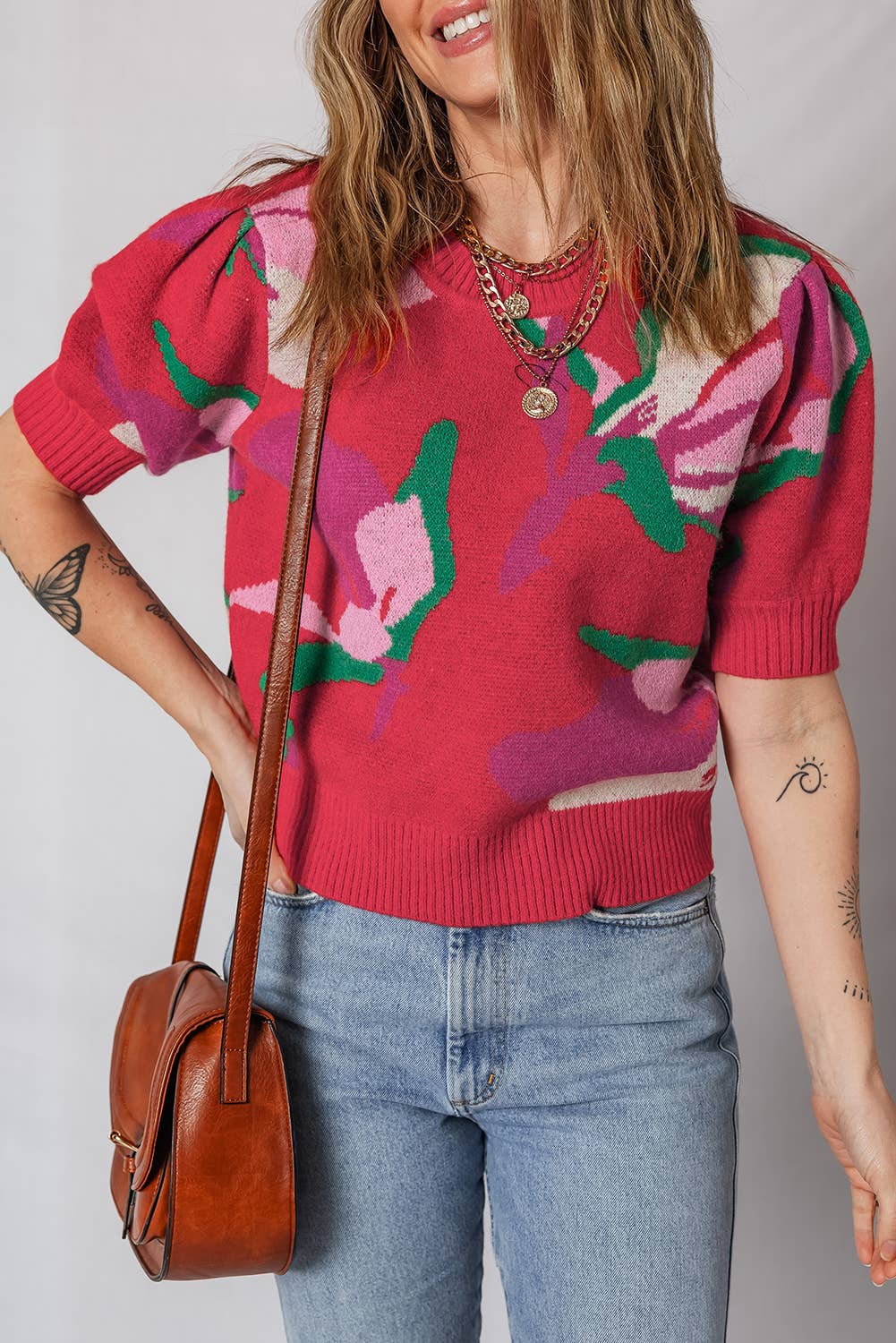 Floral Ribbed Trim Puff Sleeve Sweater | S-XL
