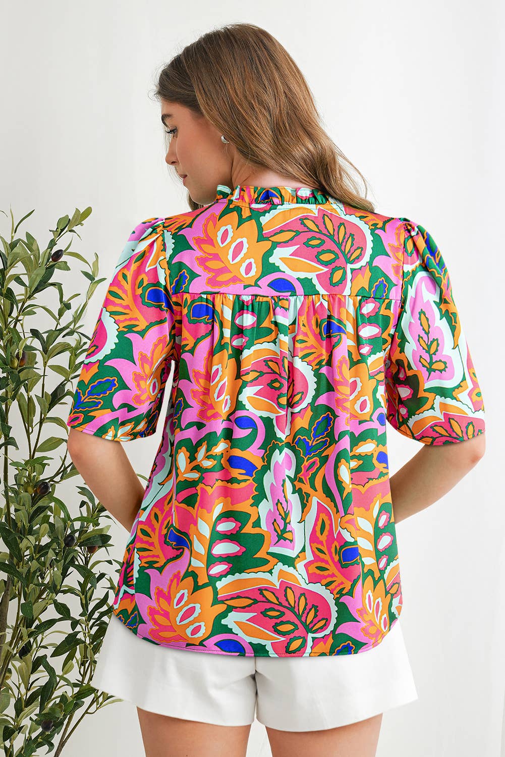 Tropical Print Tie Neck  Puff  Sleeve Blouse | S-XL