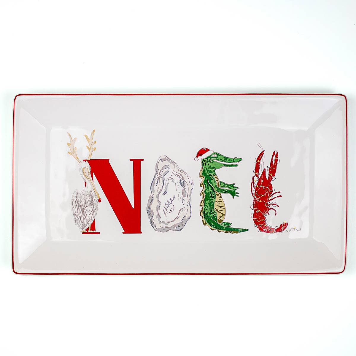 Cajun Noel Rectangle Platter   White/Green/Red   12x6.5