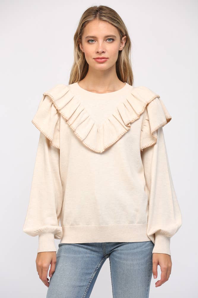 CONTRAST STICHED RUFFLE DETAIL BALLON SLV SWEATER FW12053