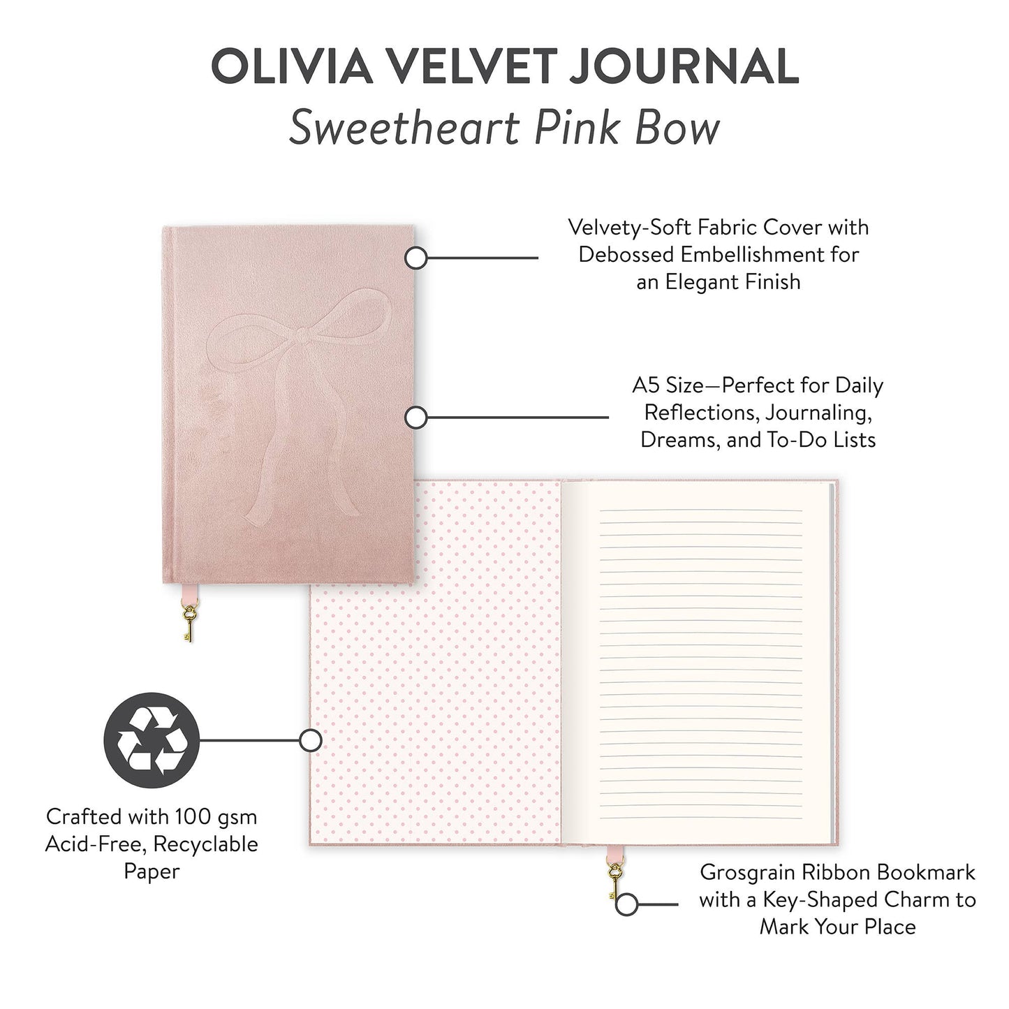 Sweetheart Pink Bow Olivia Velvet A5 Journal