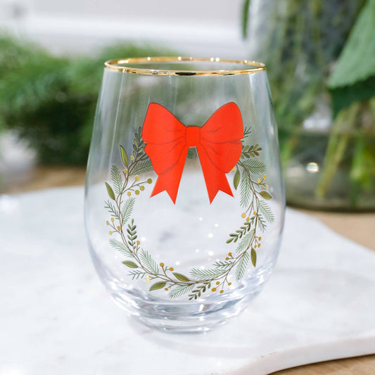 Stemless Wine Glass Red Bow Wreath